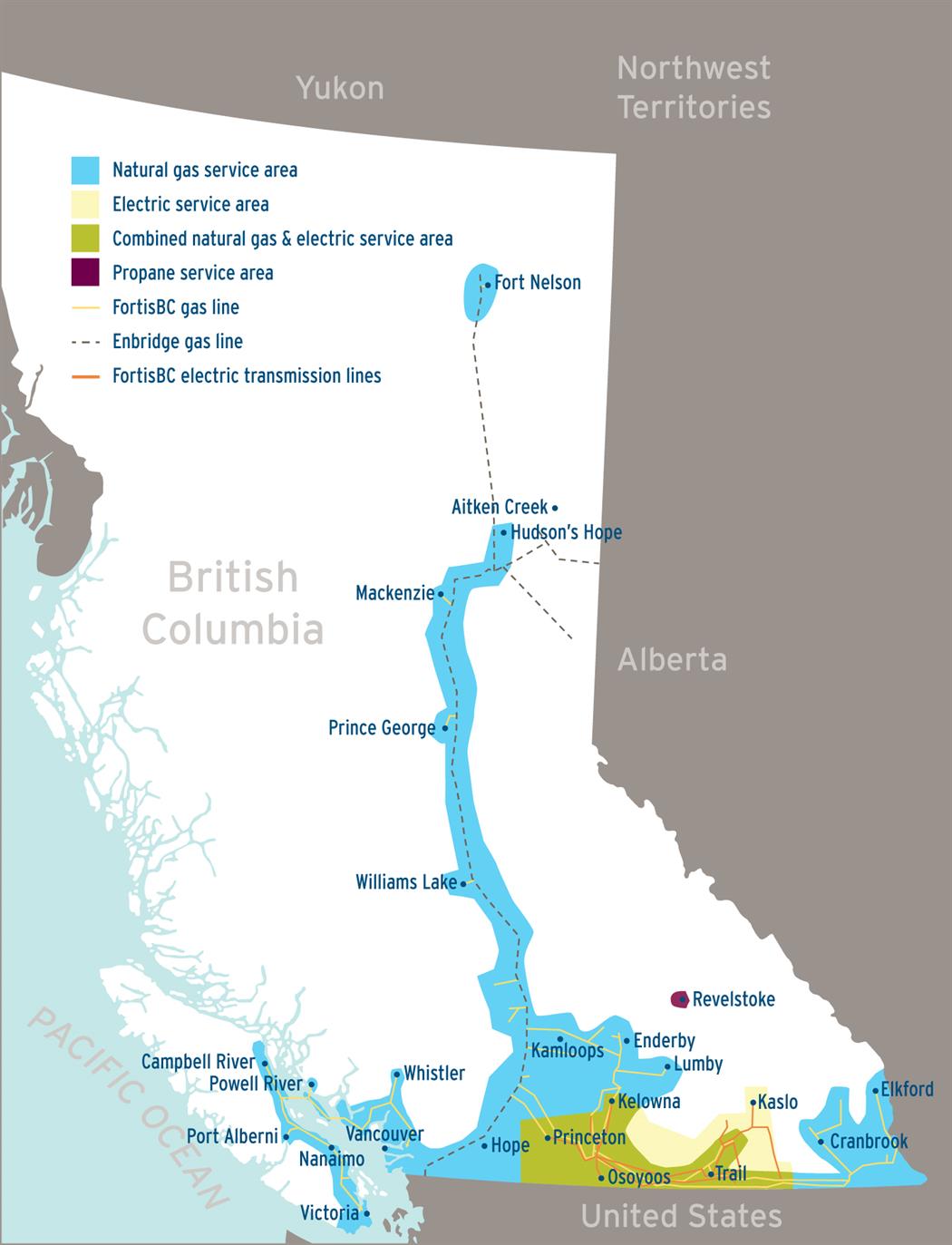 FortisBC natural gas, electricity and propane service area map (18-150.16)