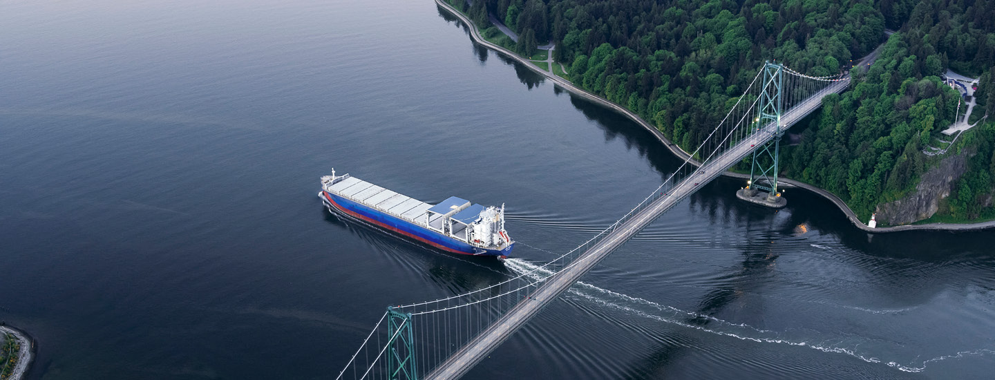 A large cargo ship sailing along Burrard Inlet under Lion’s Gate Bridge.. (20-064.18)