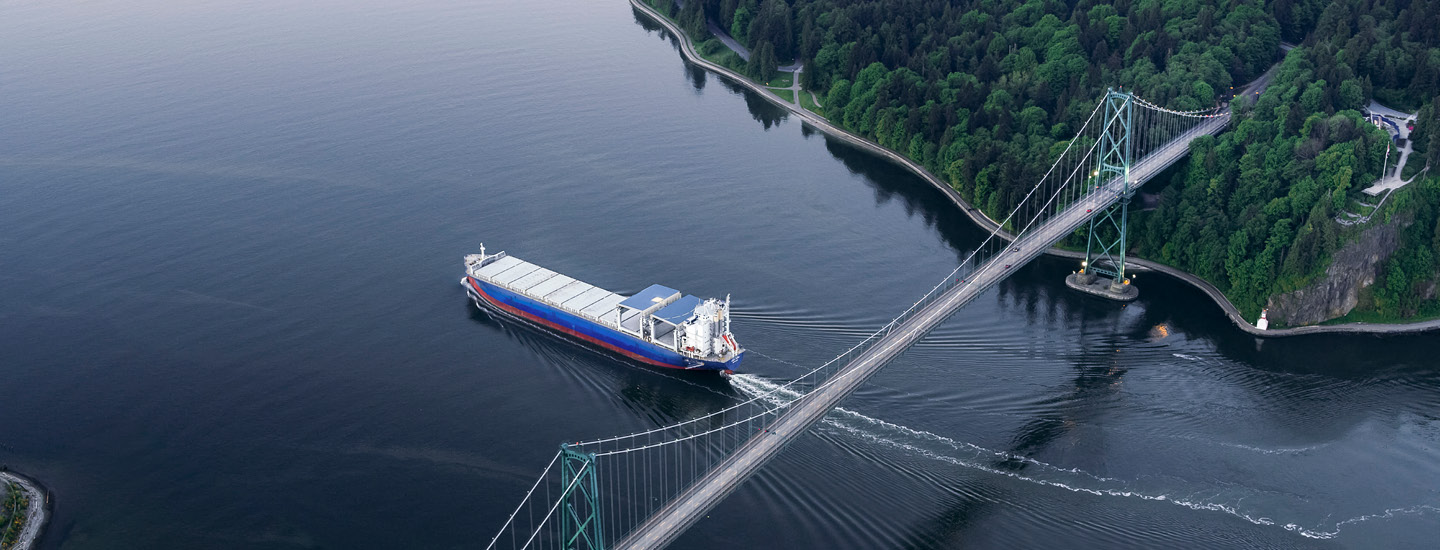 A large cargo ship sailing along Burrard Inlet under Lion’s Gate Bridge. (20-064.18) A large cargo ship sailing along Burrard Inlet under Lion’s Gate Bridge.. (20-064.18)