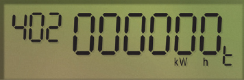 A close up of an AMI electricity meter screen. There are small numbers on the top left that reads 402. The larger numbers say 000000 and below them it reads kW h t. (15-026_02_1)