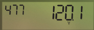 A close up of an AMI electricity meter screen. There are small numbers on the top left that reads 477. The larger numbers say 120.1 and below them there is a small v. (15-026_02_1)