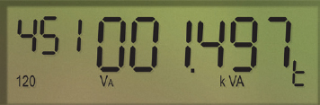 A close up of an AMI electricity meter screen. There are small numbers on the top left that reads 451 amd below that smaller numbers that read 120. The larger numbers say 001.497 and below them it reads Va, kVA T. (15-026_02)