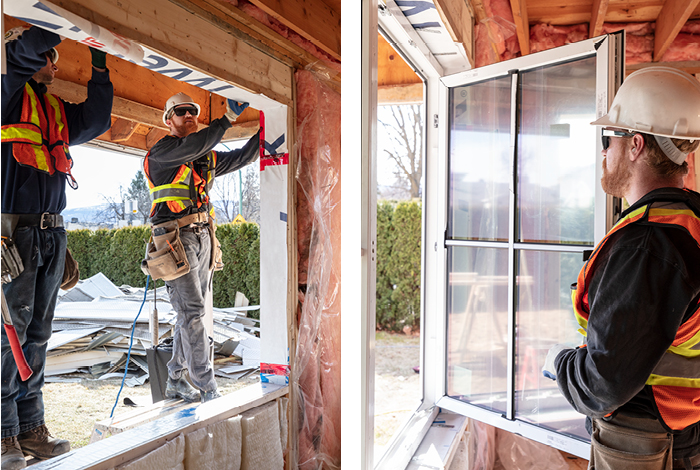 The crew preparing the rough opening for the new living room window that replaced the French doors