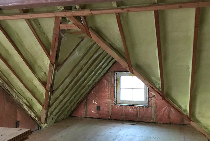 Spray foam surrounding the dormers in one of the kids’ bedrooms