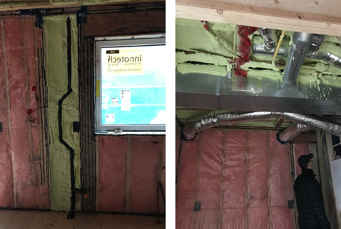 Spray foam shown as a good option for air sealing around pipes, ducts and conduits