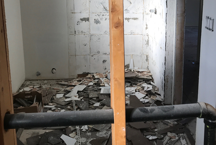 One of bathrooms in Colleen and Shane’s home after demolition.