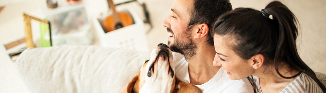 Couple sitting on couch, snuggling with their dog