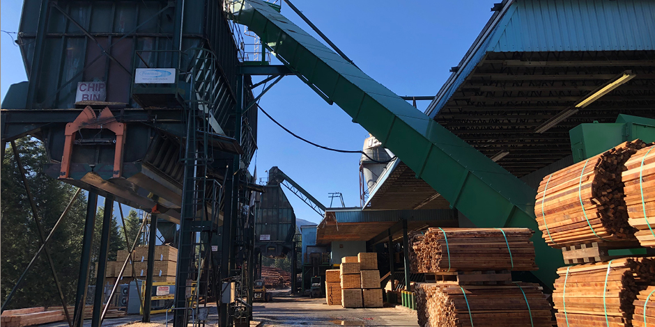 A large chip blower and conveyor system with stacks of wood nearby.