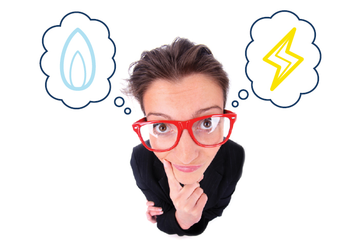 Person wearing glasses with thought bubbles on either side of head containing a natural gas flame and a lightning bolt.