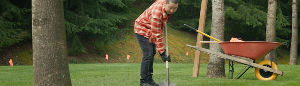 A man with a shovel and wheelbarrow starting to dig a hole in his lawn