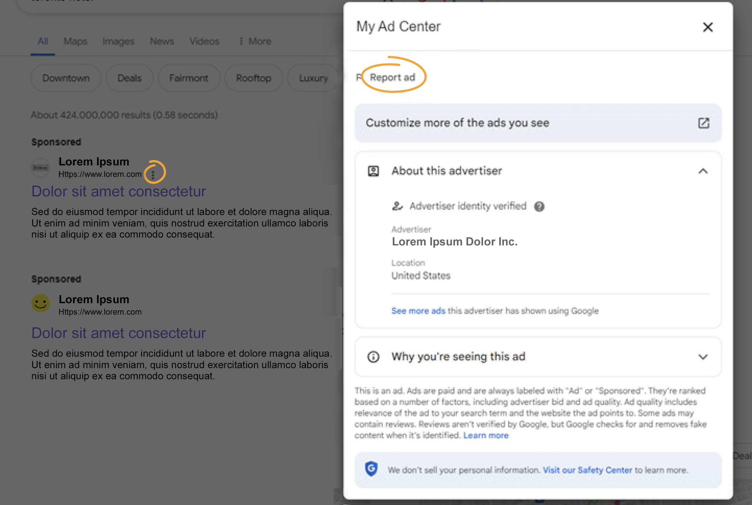 Report suspicious ads on Google by clicking on the three dots next to the ad.