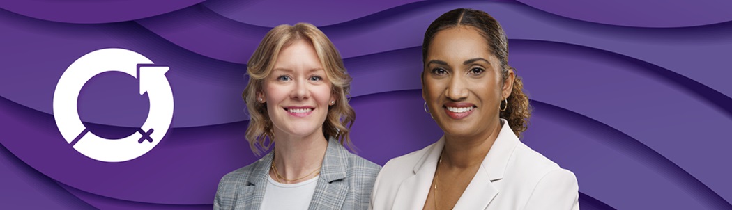 Michelle Carman and Andrea Cadogan together with a purple background and the International Women’s Day logo.