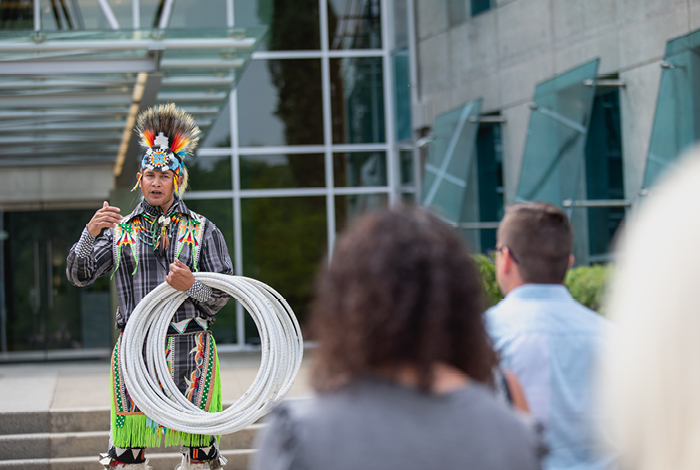 Alex Wells, Lil’wat Nation, performing hoop dancing during a celebration for National Indigenous Peoples Day at FortisBC’s Surrey Operations headquarters