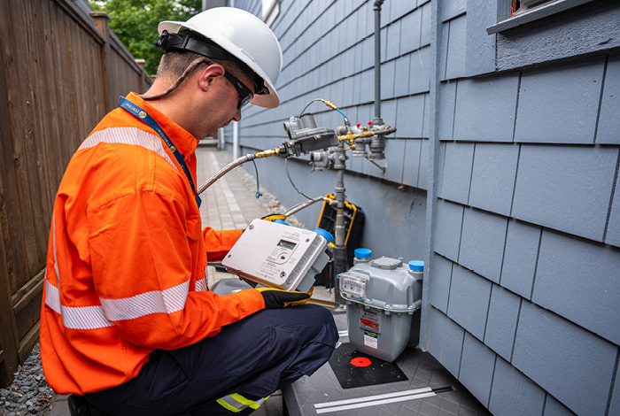 Gas meter technician is holding the advanced meter and crouching beside the legacy meter at the side of a residential property in preparation to make an exchange.