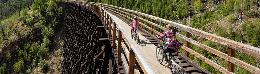 Two people riding their bikes across a trestle.