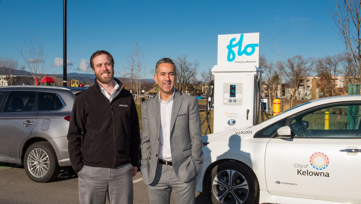 Mayor Basran at the new direct current fast charge station on Shepherd Road with Michael Leyland of FortisBC.