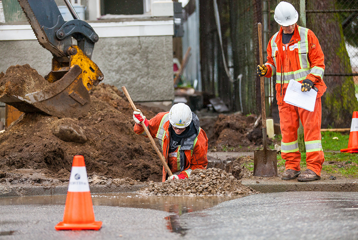 FortisBC construction crew repairs a natural gas line leak