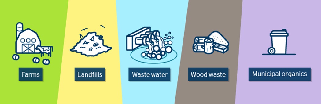 Illustration showing icons representing farms, landfills, waste water, wood waste and municipal organics.