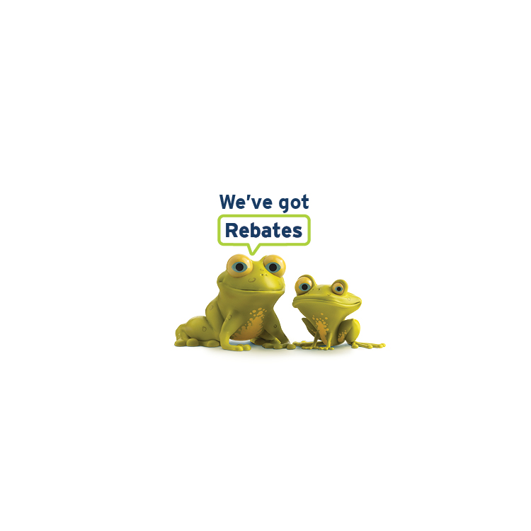 Image with frog with words “We’ve got Rebates.”