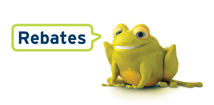 A frog character smiling with a speech bubble saying rebates