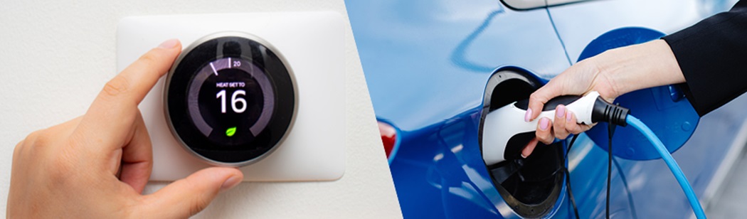 A hand touching a thermostat followed by a hand charging an electric car